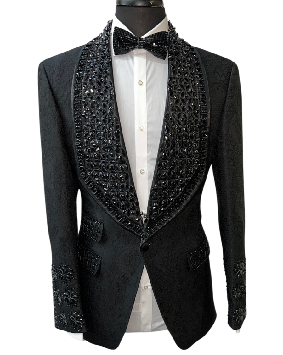 Barabas Black Lace & Black Rhinestone Formal Blazer