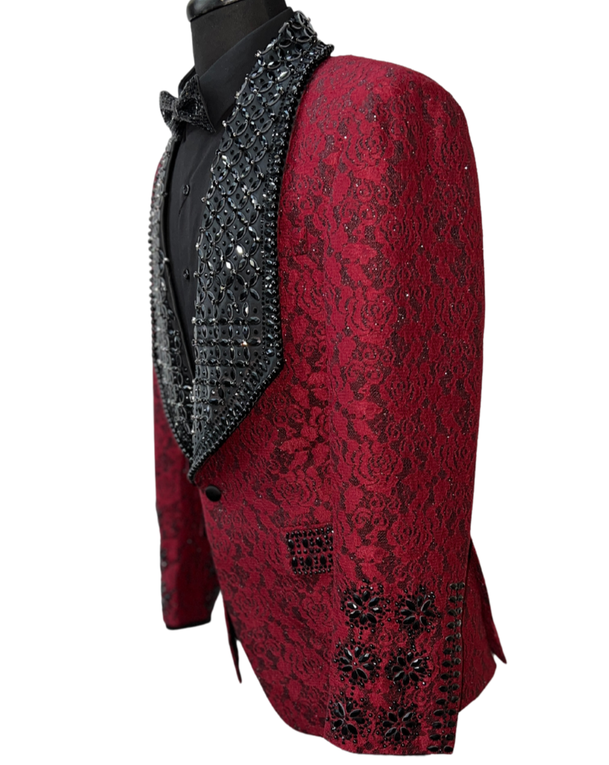 Barabas Red Lace & Black Rhinestone Formal Blazer