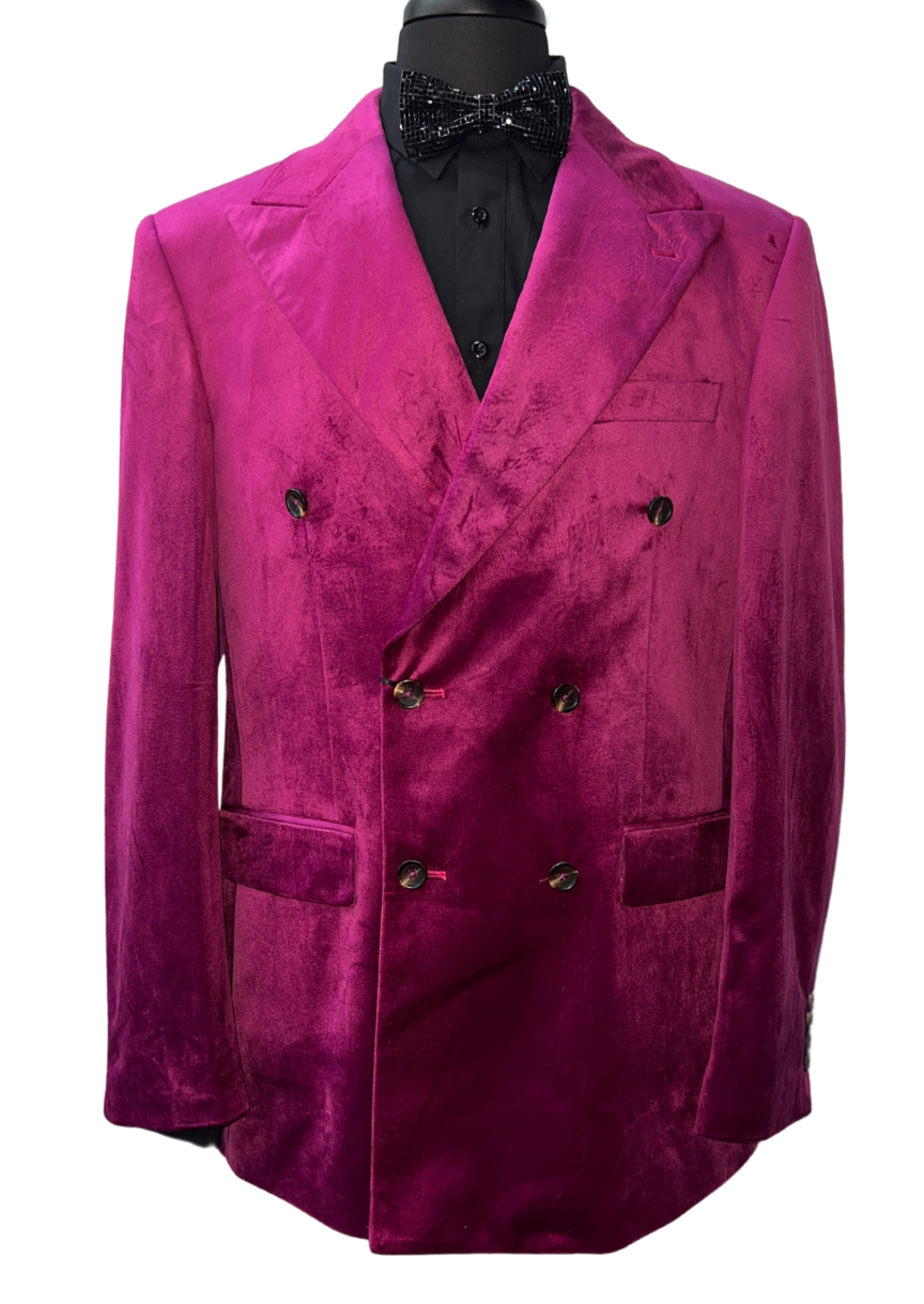 Cigar Double Breasted Magenta Velvet Blazer