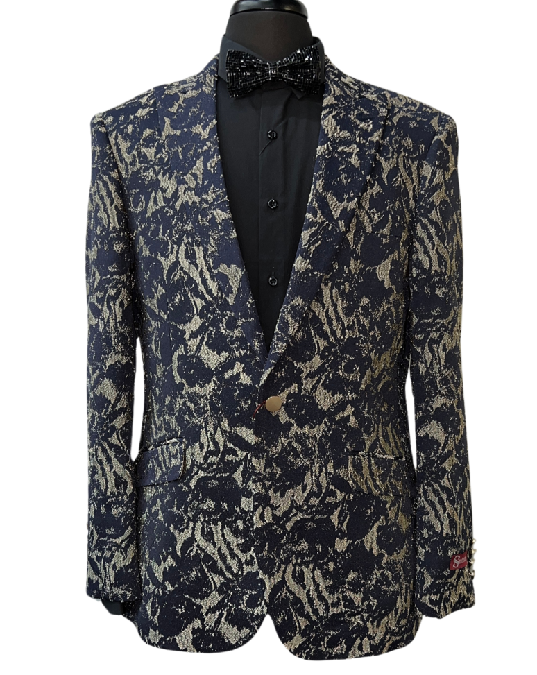 Silver Silk Navy Blue & Beige Floral Embroidered Blazer