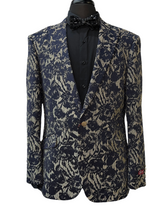Silver Silk Navy Blue & Beige Floral Embroidered Blazer