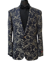 Silver Silk Navy Blue & Beige Floral Embroidered Blazer
