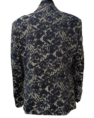 Silver Silk Navy Blue & Beige Floral Embroidered Blazer