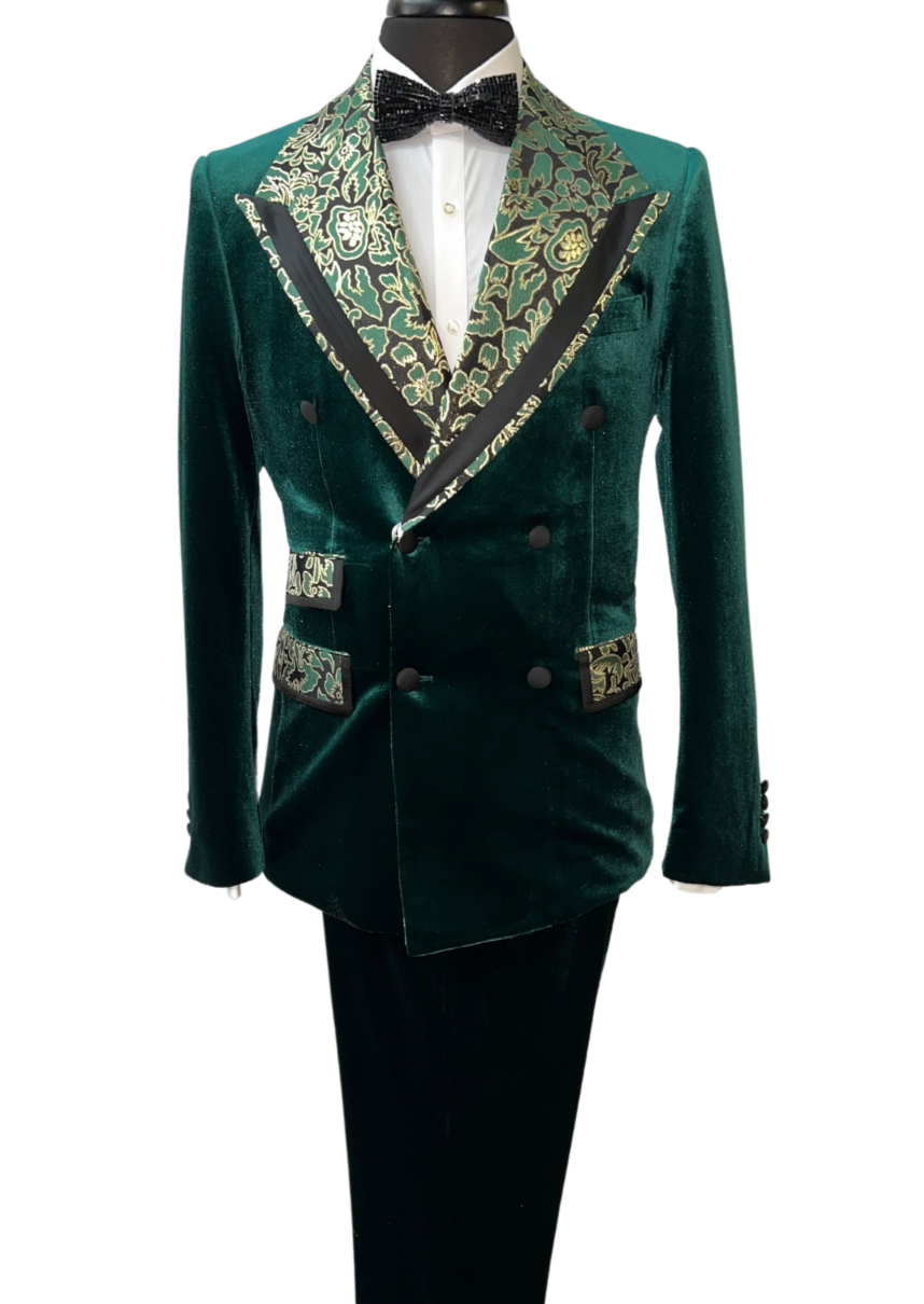 Biarelli Formal Double Breasted Forest Green Velvet Suit