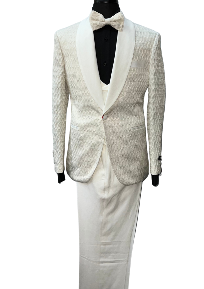 Tazzio Ivory Patterned Linen 3-Piece Suit
