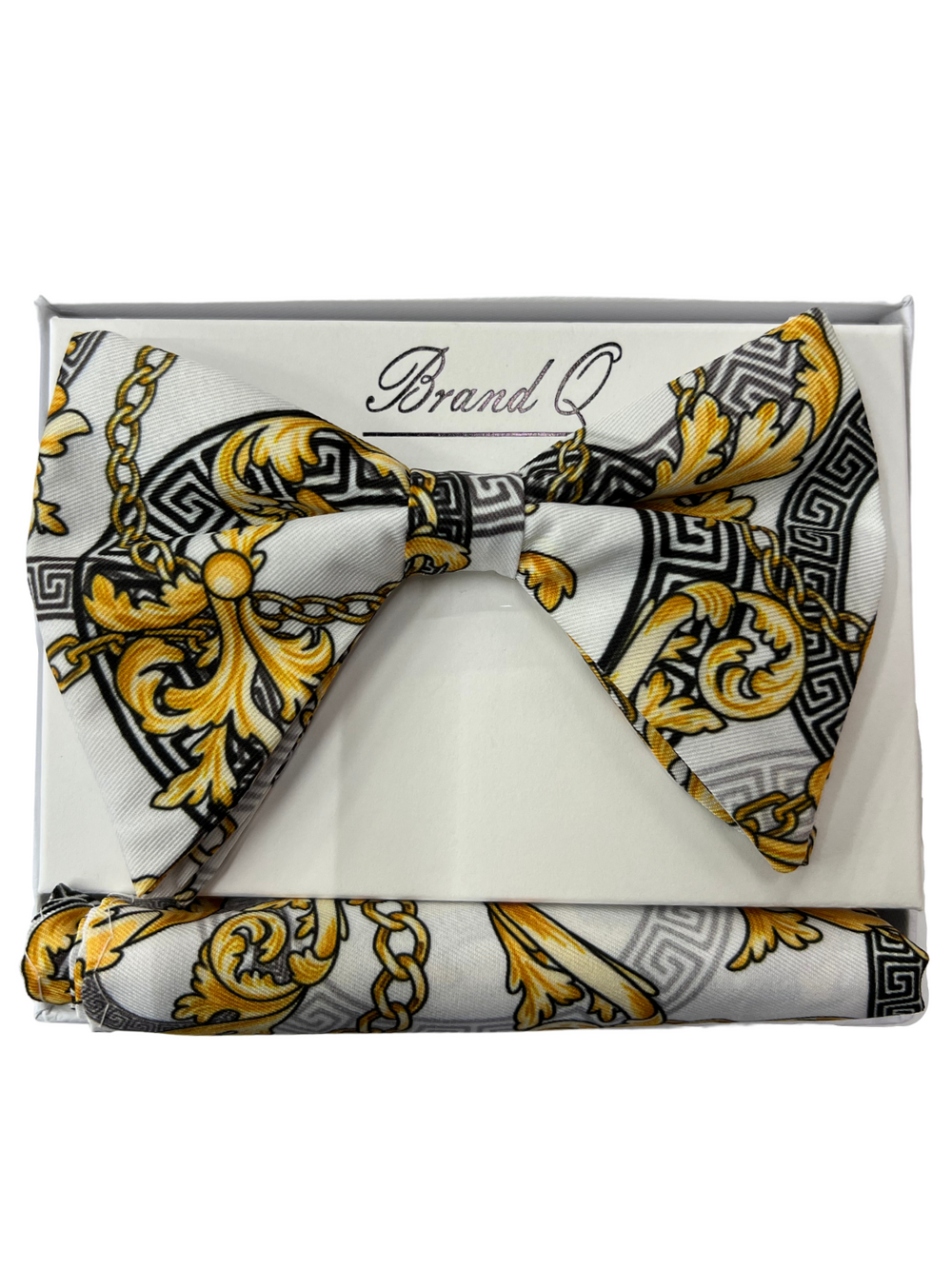 White Baroque Print Bow-Tie & Pocket Square