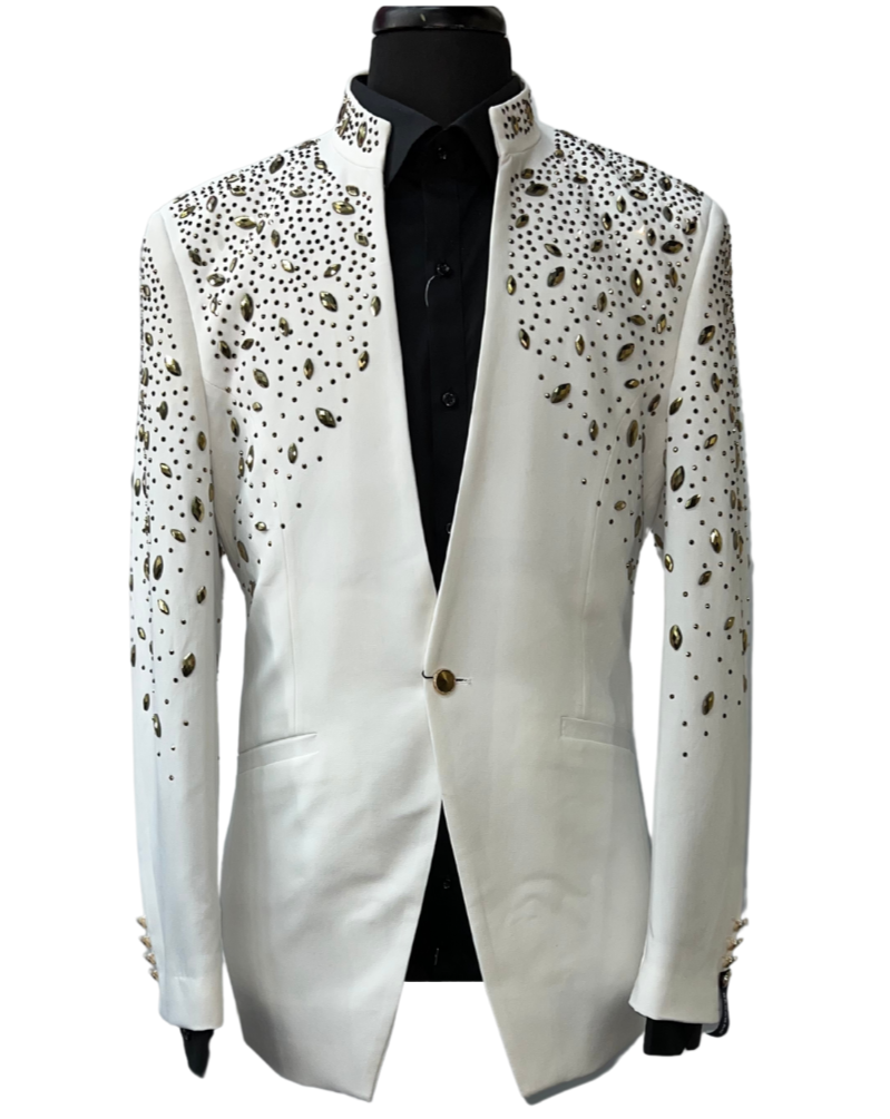 Barabas White & Gold Rhinestone Design Blazer