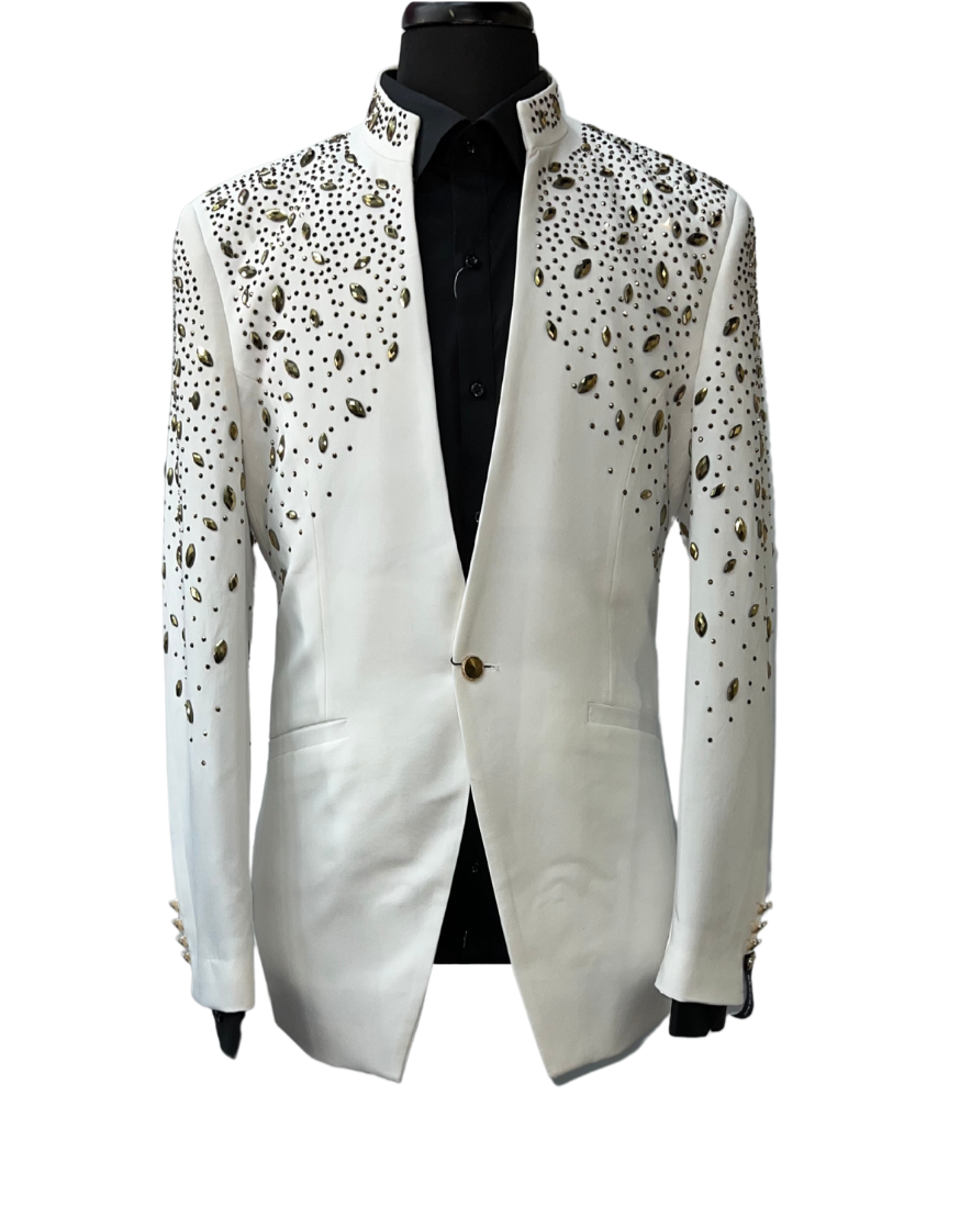 Barabas White & Gold Rhinestone Formal Blazer