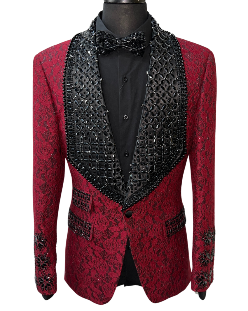 Barabas Red Lace & Black Rhinestone Formal Blazer