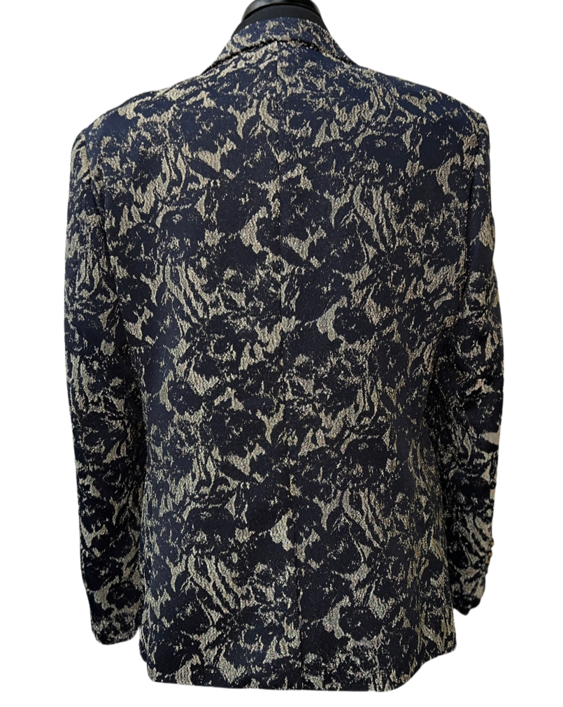 Silver Silk Navy Blue & Beige Floral Embroidered Blazer