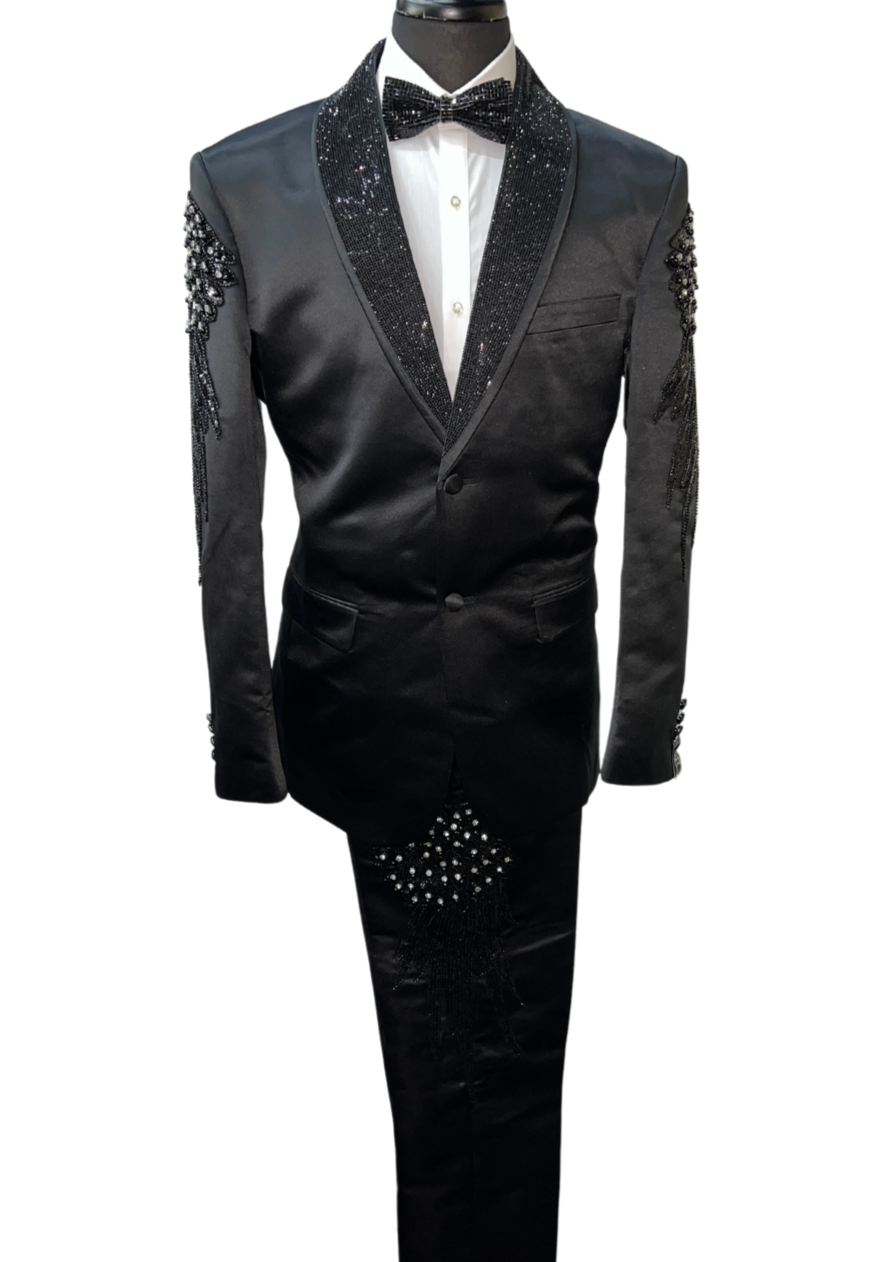 Barocco Black Rhinestone Embellished Satin Suit