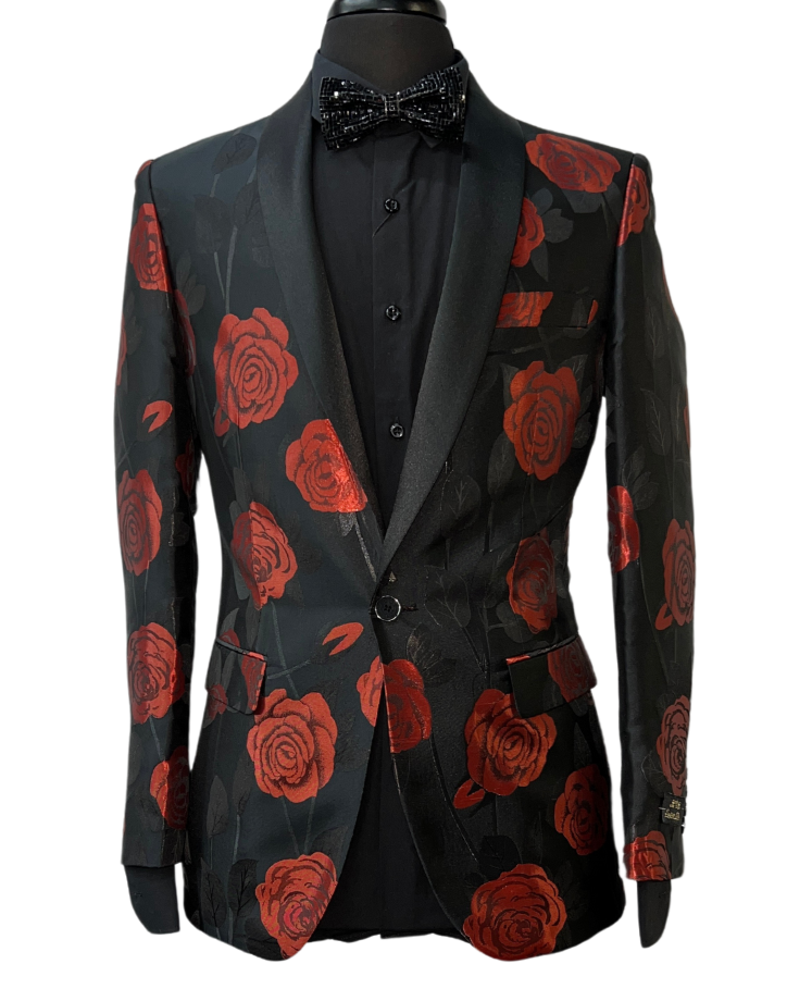 EJ Samuel Black with Red Rose Design Formal Blazer