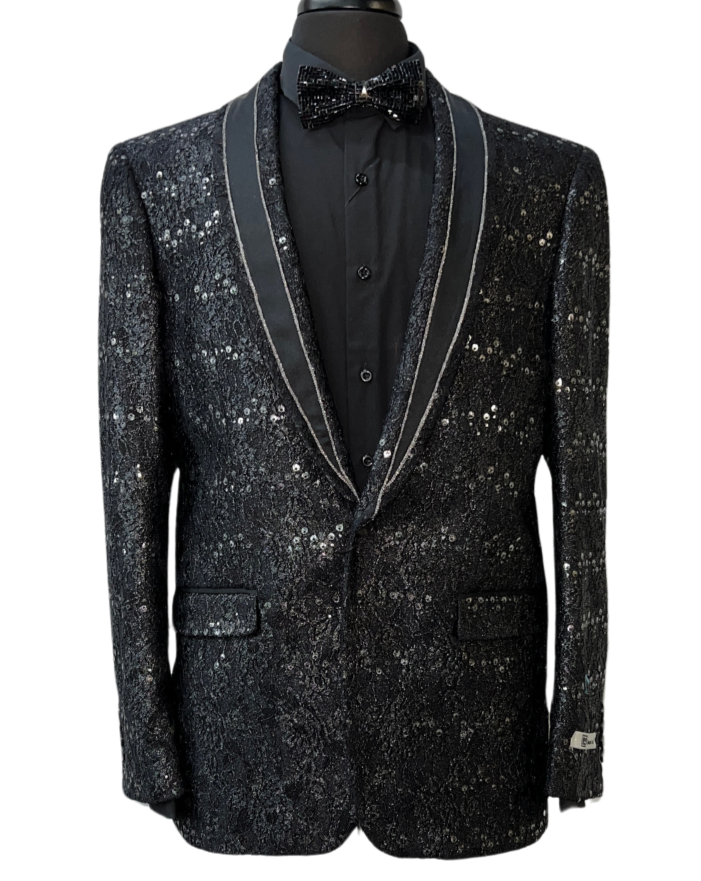 Giovanni Testi Black & Silver Sequin Embroidered Formal Blazer