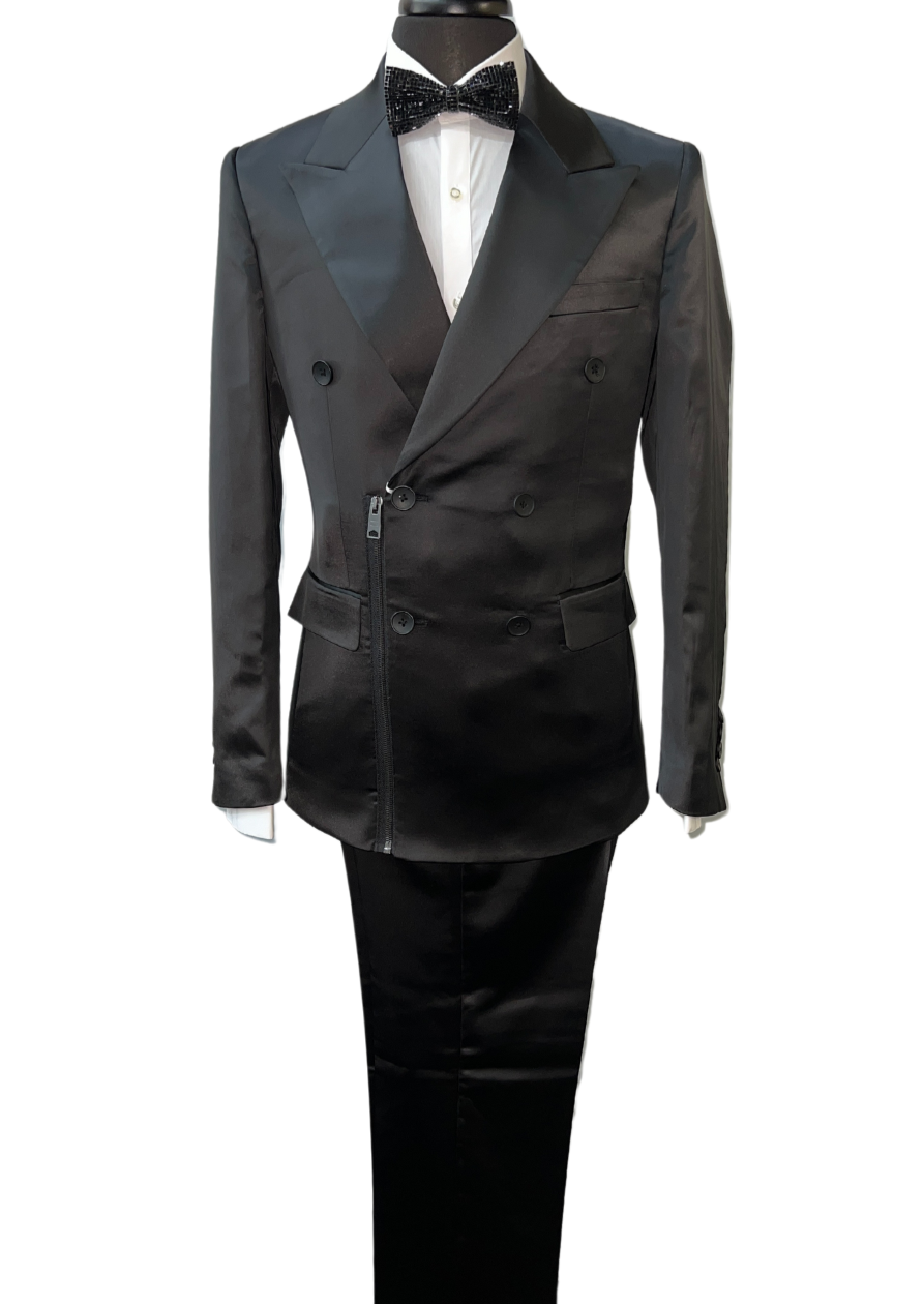 Biarelli Formal Double Breasted Black Satin Suit