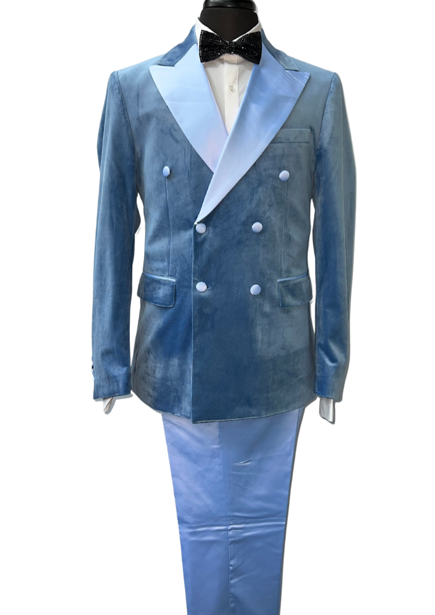 Biarelli Double Breasted Light Blue Suede Suit