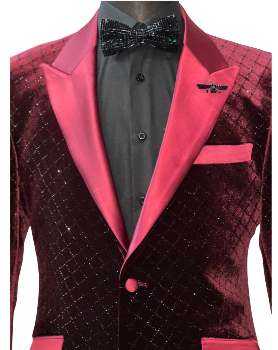 Barabas Burgundy Velvet Blazer Rhinestone Diamond shape design