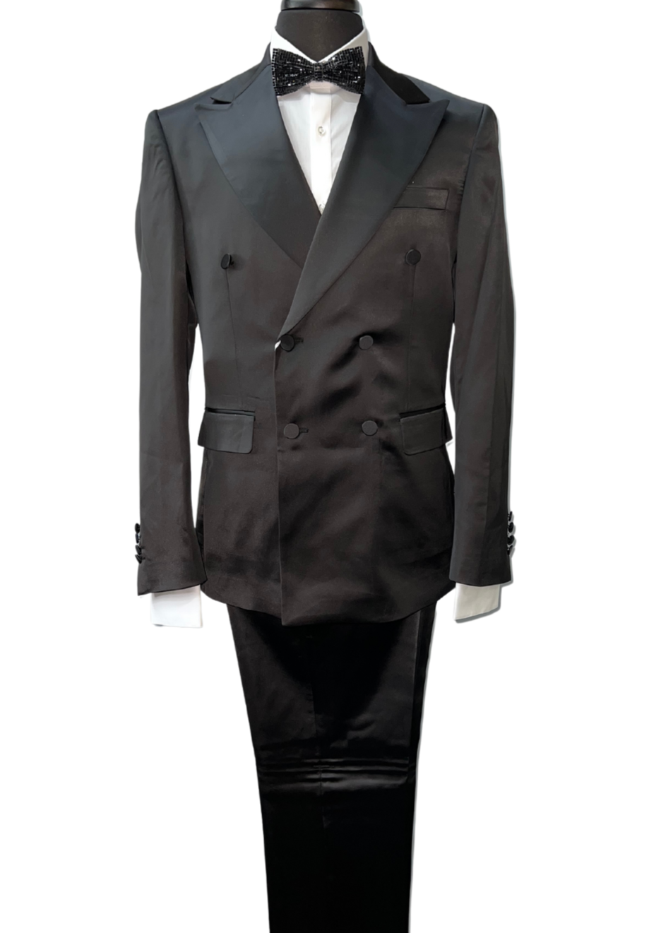 Biarelli Double Breasted Black Satin Suit