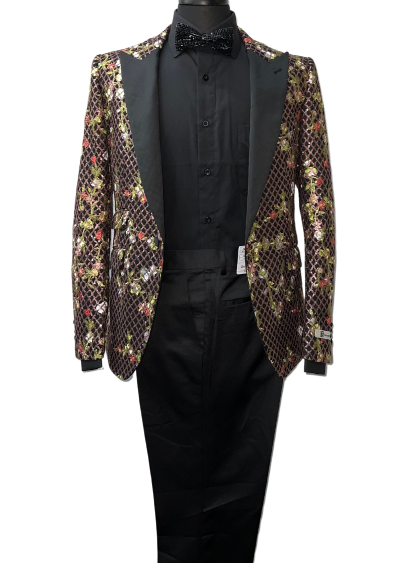 Giovanni Testi Bronze Glitter Checkered and Floral Design Suit