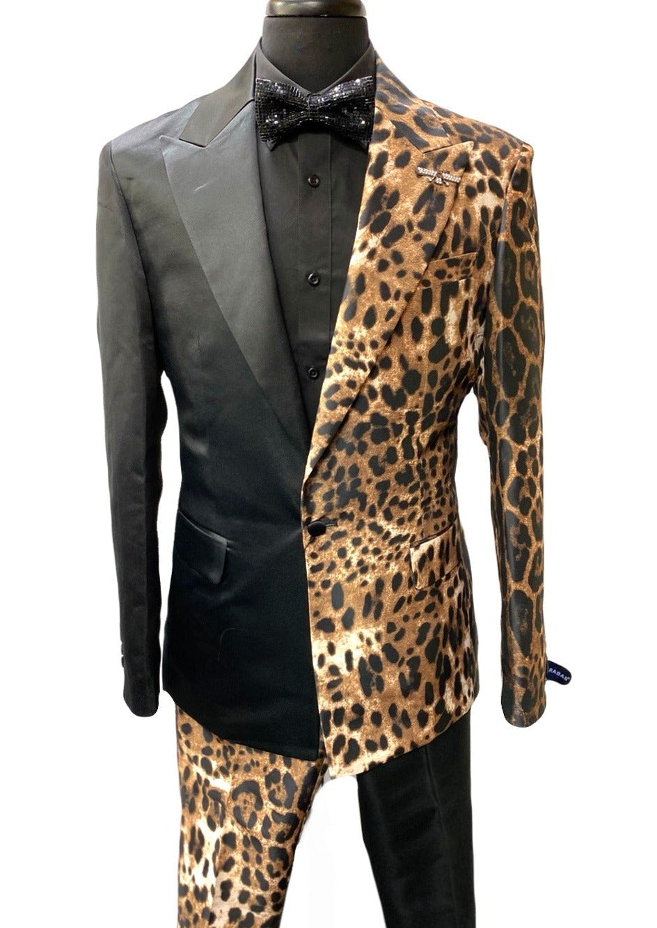 Barabas Black & Leopard Satin Formal Suit