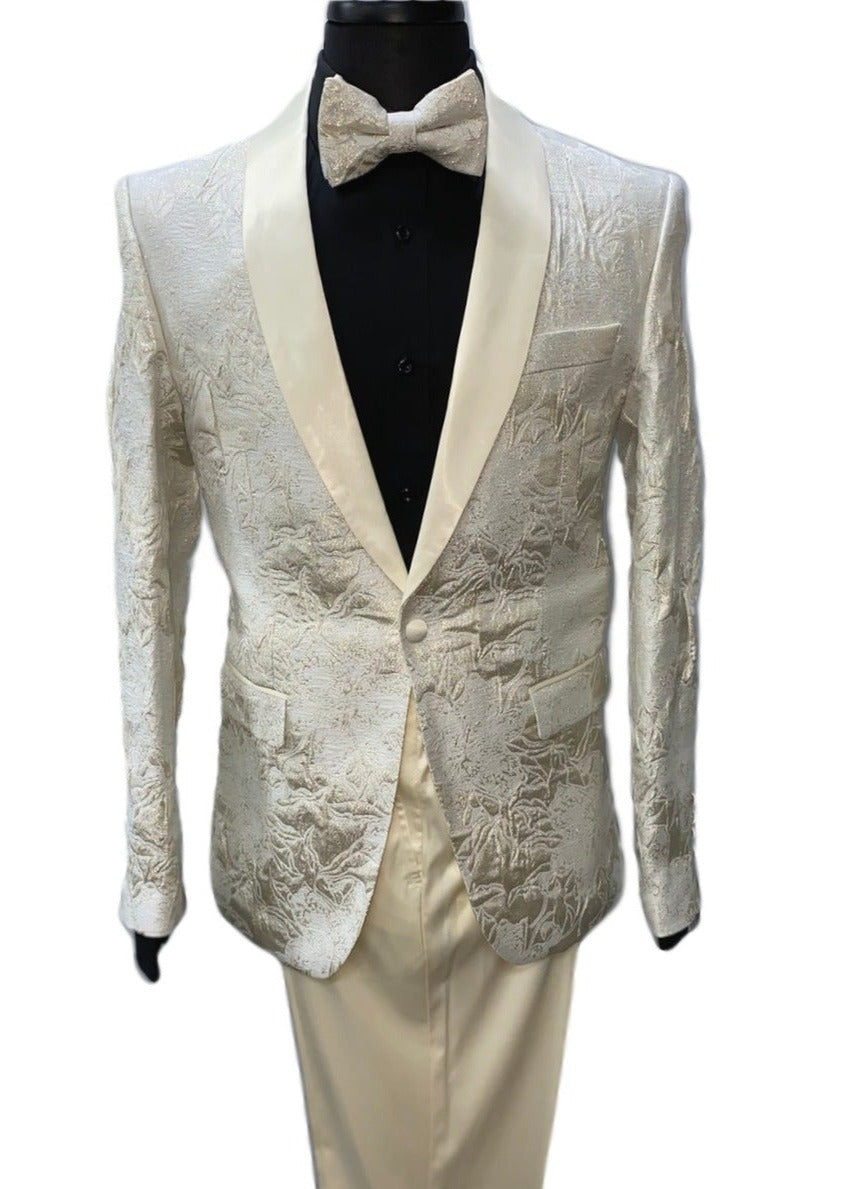 Blu Martini Off-White Floral Embossed Patterned Suit 