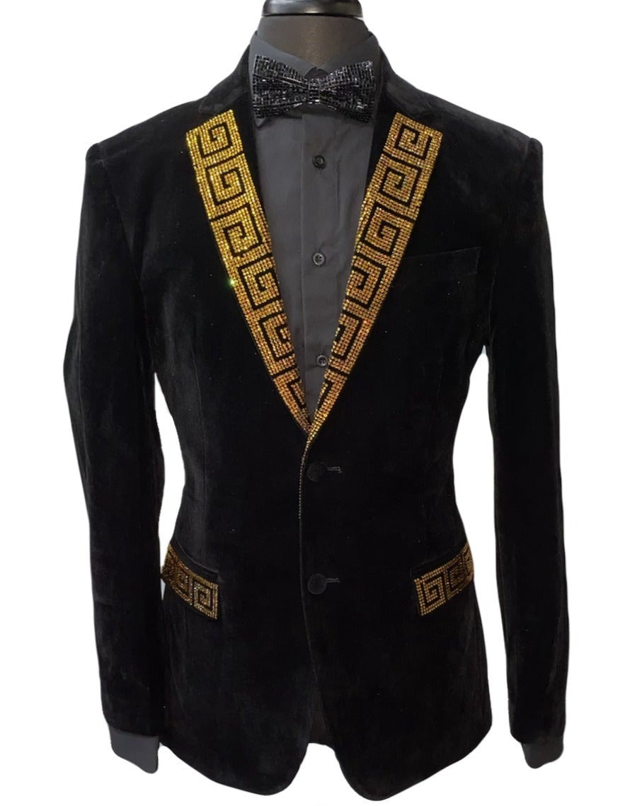 Barabas men's velvet rhinestone Greek key pattern blazer