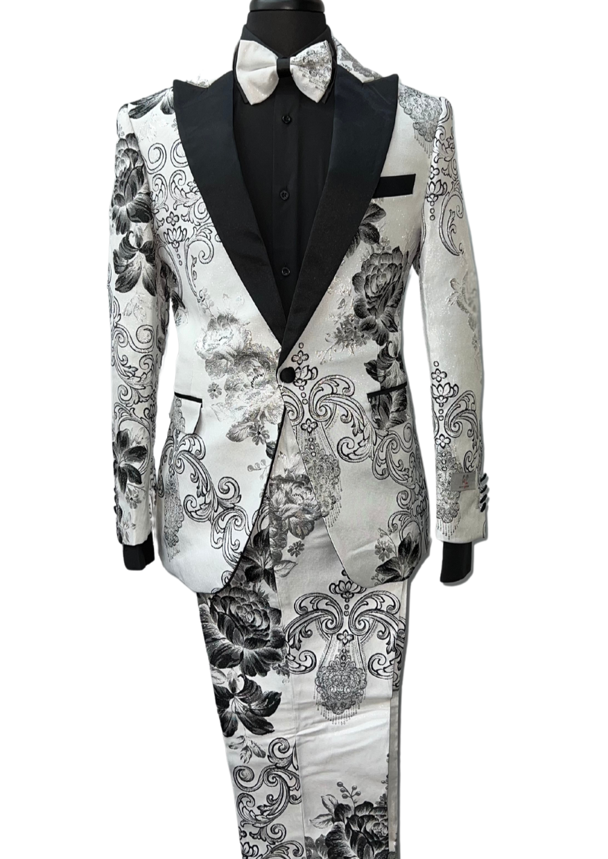 Kent & Park White & Black Floral Design Suit 