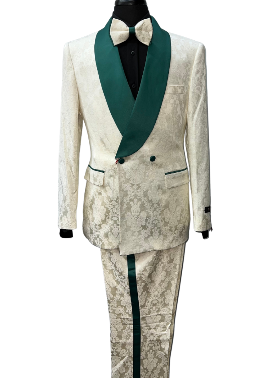 Tazzio Ivory & Emerald Damask Pattern Suit