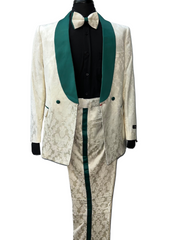 Tazzio Ivory & Emerald Damask Pattern Suit