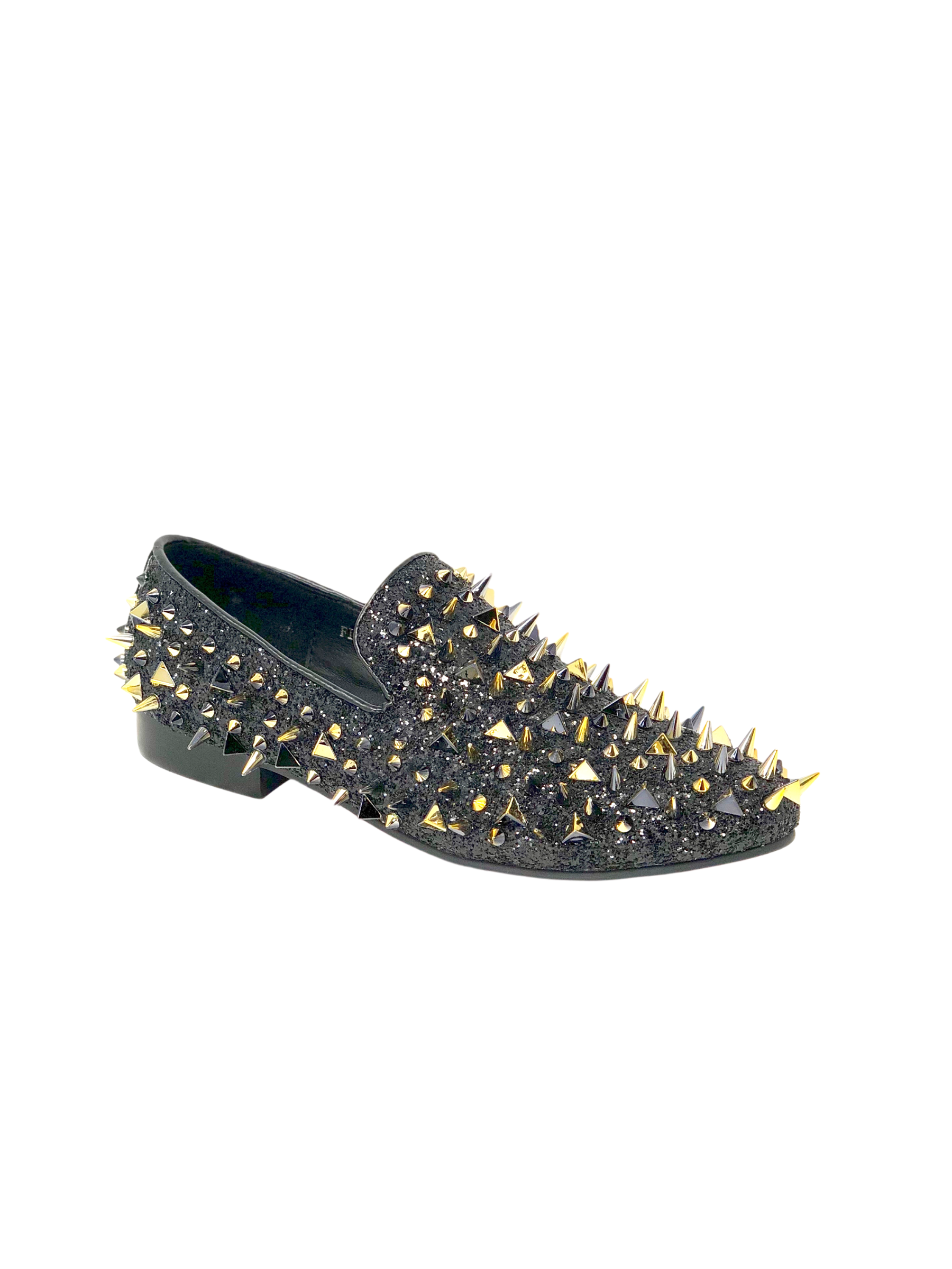 Fiesso Black Glitter Loafer with Black & Gold Spikes